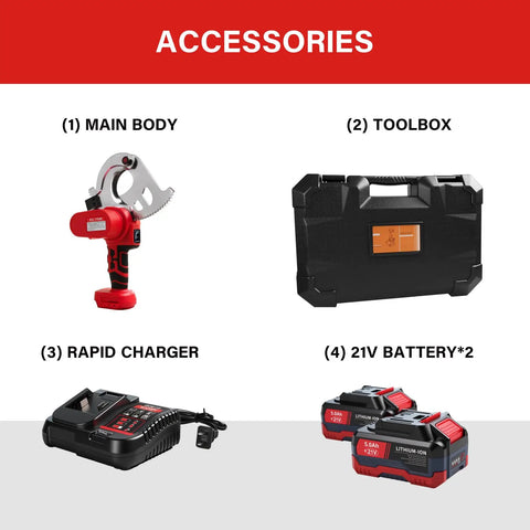 Kickass 21V Cordless Electric Cable Cutter Features Slick Ratcheting Drive For Heavy Duty Battery Power And Smooth Fast Cuts Through Thick Wiring On Job Sites accessories including main body, toolbox, rapid charger, and two batteries.