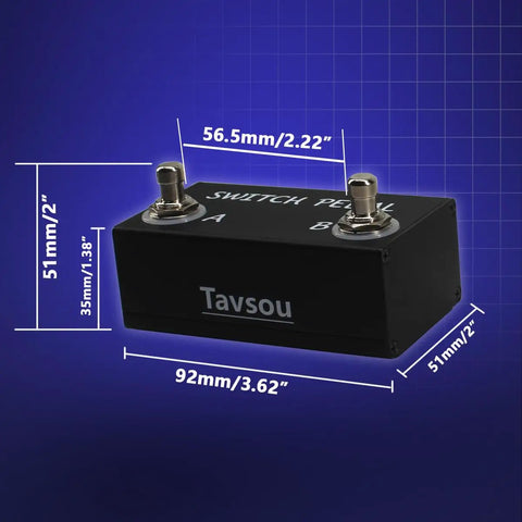 Dual Latching Footswitch Pedal For Guitar Amp With TRS Cable displaying switches A and B dimensions