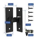 Stainless Steel 90 Degree Right Angle Sliding Door Lock for Barn Doors, matte black finish, with included screws and measurements.