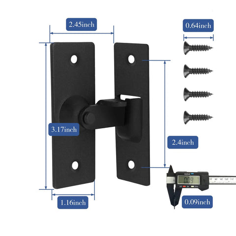 Stainless Steel 90 Degree Right Angle Sliding Door Lock for Barn Doors, matte black finish, with included screws and measurements.
