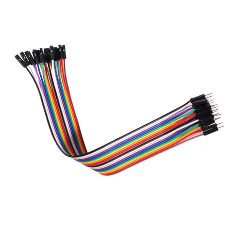 Rainbow DuPont jumper wires set with male and female ends for electronics projects