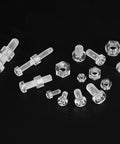 30 Piece Clear Acrylic Plastic Screws And Hex Nuts Kit, M6x10mm Metric Cross Recessed Round Head Bolts scattered on black background.