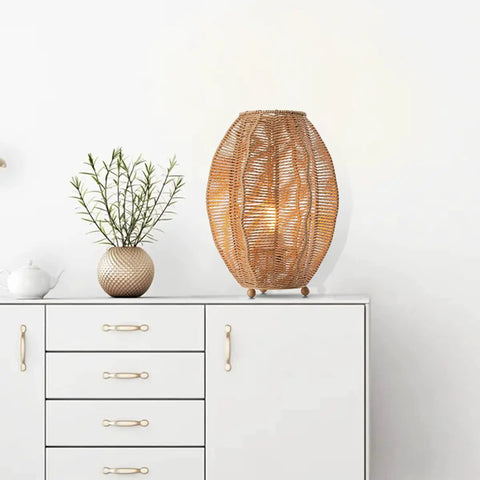Rattan Woven Side Table Lamp For Boho Coastal Living Room And Bedroom Handmade Farmhouse Nightstand Lamp With 8.6 Inch Diameter And 11.8 Inch Height