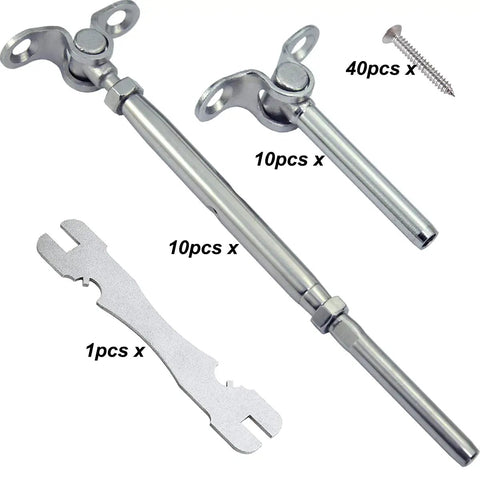 Stainless Steel Cable Railing Hardware Kit For Three Sixteenth Inch Cable Railing System For Wood Posts Adjustable Angle Swage Turnbuckle Kit 10 Pairs Marine Grade 316 Rust Resistant For Deck Railing showing tools and parts.