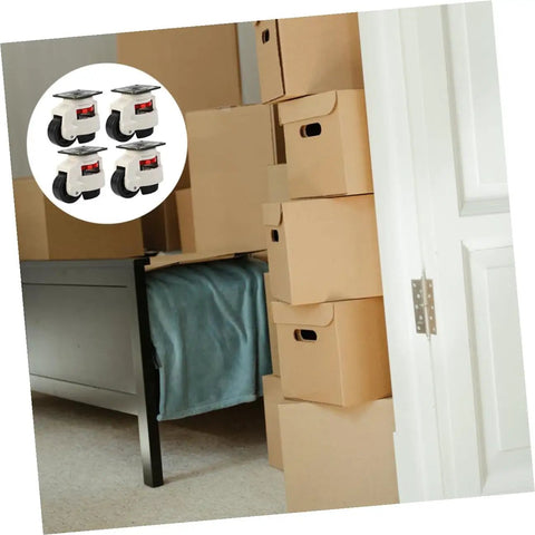 Run Like A Dream Heavy Duty Swivel Casters Set Of Four With Grab And Go Locking Brakes and Flat Base Mounts beside stacked boxes.