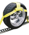 E Track Tire Basket Strap With Cam Buckle And Ratchet Adjustable 3500 lb Capacity For Up To 29 Inch Tires on tire and E-Track