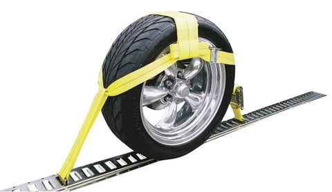 E Track Tire Basket Strap With Cam Buckle And Ratchet Adjustable 3500 lb Capacity For Up To 29 Inch Tires on tire and E-Track