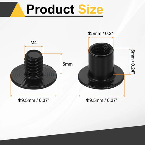 50 Piece Black Chicago Screw Kit M4 X 8mm Precision Carbon Steel size illustration with dimensions for leather crafting and repairs.
