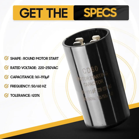 161 To 193 Uf Round Motor Start Capacitor For 220 To 250 Volt AC Motors Plug And Play Ready Universal Fit CD60