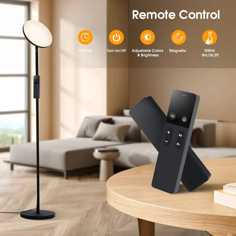 32W 2600LM LED Torchiere Floor Lamp With Remote in living room, super bright light with remote control on table, modern black standing lamp