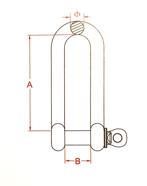 Long D Shackle 316 Stainless Steel Marine Grade Three Eighths Inch Heavy Duty technical drawing with measurements