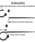 12G 2.0mm Stainless Steel Insertion Taper Pin for Piercing Stretching, 316L Implant Grade Hollow End Calor Style Tool, Gauge Up From 14G to 12G, No Thread Inside, 60mm Length, shown with curved bar and insertion step