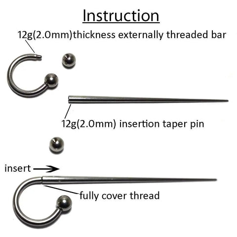 12G 2.0mm Stainless Steel Insertion Taper Pin for Piercing Stretching, 316L Implant Grade Hollow End Calor Style Tool, Gauge Up From 14G to 12G, No Thread Inside, 60mm Length, shown with curved bar and insertion step