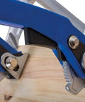 Heavy Duty Top Shelf 12 Inch Lever Clamp Packing 1100 Pounds Of Iron Grip Hold With Spindle Free Ratcheting Action and Ergonomic Handle for Fast Track Shop Projects, detailing the steel jaws gripping wood.