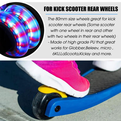 Lit Up 80mm Inline Skate Wheels With Abec9 Bearings 2 Pack Replacement For Inline Skates And Kick Scooters, glowing on scooter