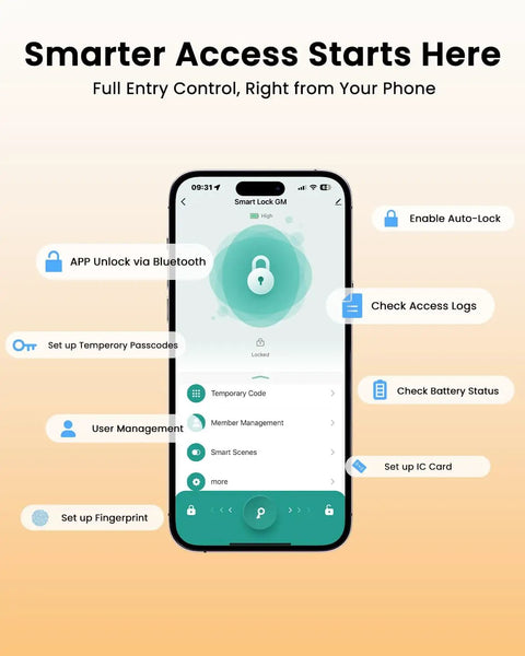 Smartphone interface showing app control for Go Keyless Front Door Smart Lock With Fingerprint, Electronic Keypad Deadbolt features.