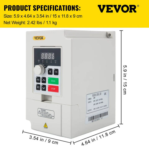 3KW 220V Variable Frequency Drive VFD with dimensions for 1 or 3 phase input, 0 to 1000 Hz speed control, RS485 Modbus ready.