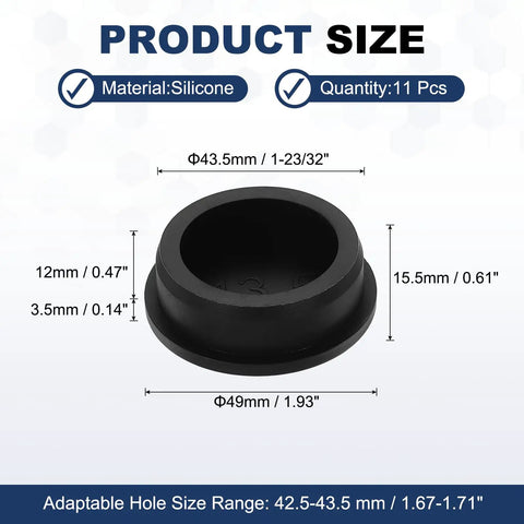 T Shaped Silicone Plugs 11 Piece Set 43.3mm Diameter Snap In Hole Seals size and dimensions