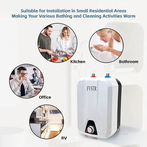 Compact Point Of Use Under Sink Water Heater For RVs And Trailers, 2.16 Gallon Electric Tankless Storage Heater with usage scenarios