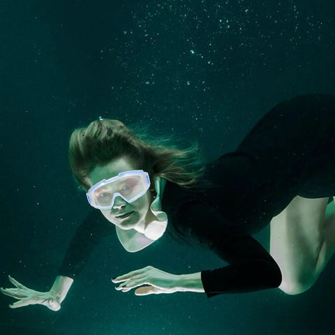 Heavy Duty Blue Safety Goggles With Anti Fog Ventilation And Side Shields To Keep Your Peepers Locked Up Tight Against Flying Debris Dust And Splashes On Any Rough Job Site worn underwater by a woman swimming.