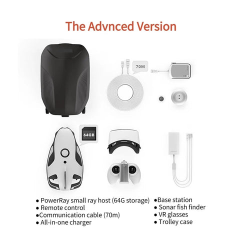 Your Go To Underwater Camera Drone For Boating And Fishing With 4K UHD Video And 12MP Stills, 164Ft Waterproof Tether, 3000mAh Battery Up To Four Hours, Wireless Base Station Remote Control For Diving And Ocean Adventures, The Advanced Version components on white background.