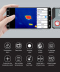 USB C Thermal Cam For Android With 512x384 Super Resolution And 256x192 IR Sensor attached to an Android phone displaying heat map.