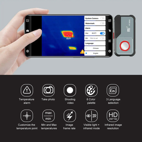 USB C Thermal Cam For Android With 512x384 Super Resolution And 256x192 IR Sensor attached to an Android phone displaying heat map.