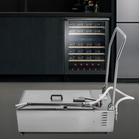 Heavy Duty Commercial Fryer Oil Filter Cart With 14 Gallon Tank smoothly straining hot oil, stainless steel, 14.5 gal tank visible.