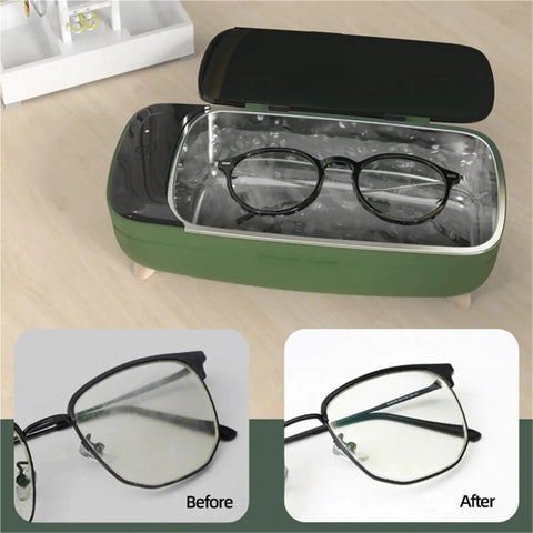 Compact 40khz Ultrasonic Cleaner For Jewelry And Personal Care Devices Straight Up Deep Cleansing Machine with eyeglasses inside.