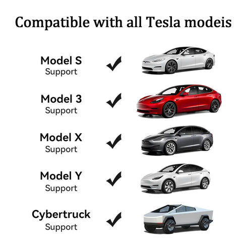 Image showing compatibility of Tesla Level 1 And 2 Home EV Charger with Model S, 3, X, Y, and Cybertruck vehicles.