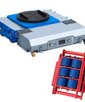 Built Tough Fifty Ton Electric Machinery Dolly Heavy Duty Industrial Roller Skates With Remote Control Handles, featuring blue and gray chassis with rollers.