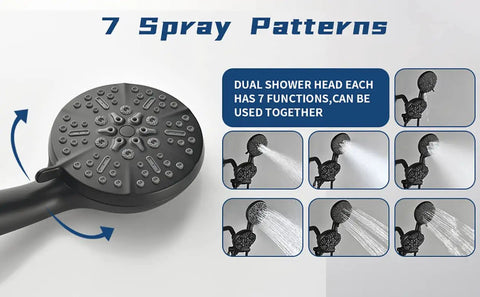 All In One Matte Black Shower Faucet Set With Rainfall Head, showcasing 7 spray patterns diagram and handheld shower details