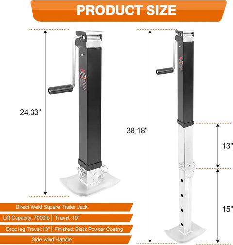 Built Like A Tank 7000Lb Square Drop Leg Trailer Jack With Weld On Pipe Mount And Side Wind Crank for heavy loads, sizes shown.