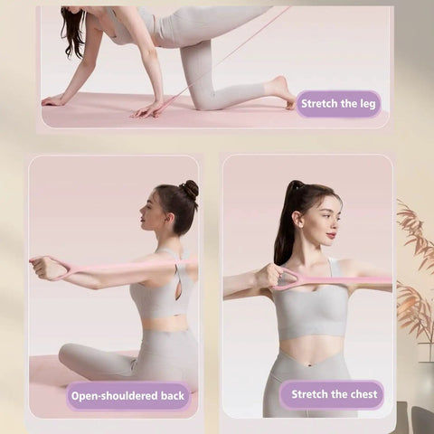 Woman using Figure 8 Resistance Band With Handles For Arm Back Shoulder Training And Full Body Workouts in various exercises