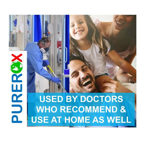 Image of a healthcare professional cleaning a surface and a family smiling, related to One Gallon Hypochlorous Disinfectant That Kicks 99.9999 Percent Of Viruses In Sixty Seconds No Residue No Rinse Safe On All Surfaces EPA List N Hospital Grade Odor And Allergen Elimination Great For Home Office And Healthcare.