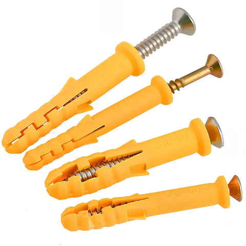 Yellow Plastic Wall Anchor Kit With 304 Stainless Self Tapping Screws And Wall Plugs for various assemblies