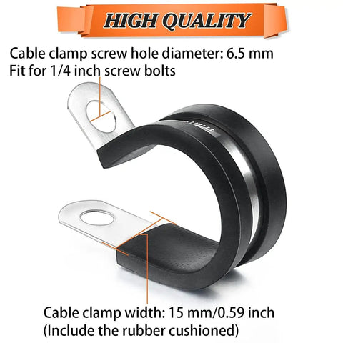 Close-up of stainless steel hose clamp with rubber cushion, showing 6.5mm cable clamp screw hole for 1/4 inch bolts. Part of 52 Piece Clamp Kit With Rubber Cushions, Stainless Steel Hose Clamps In Six Sizes From 1/4 Inch To 3/4 Inch, Heavy Duty Metal Clamps For Fuel Lines, Water Pipes And Air Tubing, Stored In Compact Organizer Box.