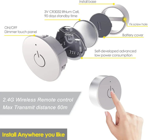 Wireless dimmer for Under Cabinet LED Puck Lights 12V 2W Each in a Sweet Six Pack, showing touch panel and battery setup