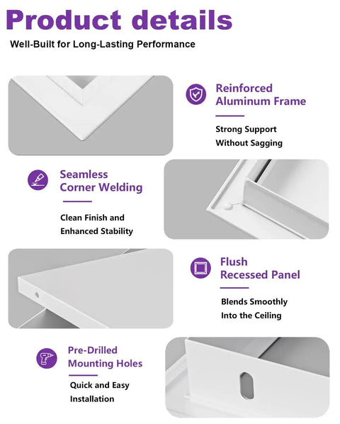 Reinforced aluminum frame details for 24x24 Flip-Up Ceiling Access Panel No Sweat Install Push Pop Cover Lift-Up Hinge for Attic Plumbing HVAC.