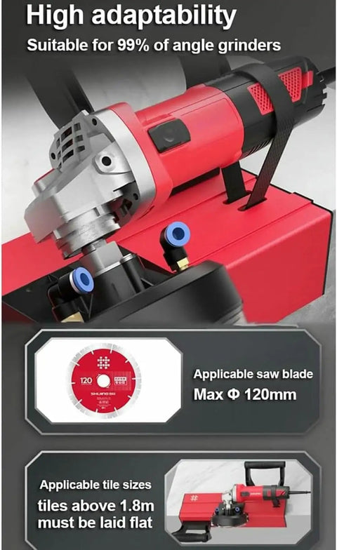Built Tough 45 Degree Electric Tile Chamfering Machine With Adjustable Spacer Plates And Dual Water Spout for angle grinder adaptability.