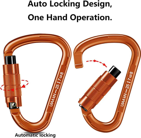 Locking Carabiner 25kN UIAA Certified Beefy Heavy Duty Climbing Carabiner For Rappelling Hammock Rescue Swing Dog Leash Safety Gear Outdoor Equipment Ultralight Aircraft Aluminum 7075 Construction Beefy For Camping Climbing Ropes Hammocks Rescue Missions, showing auto-locking mechanism in detail.