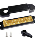Heavy Duty 150 Amp Power Distribution Bus Bar With 1/4 Inch Stud And Solid Brass Core showing brass terminals, black cover, and screws.