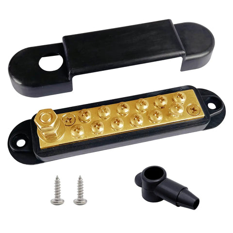 Heavy Duty 150 Amp Power Distribution Bus Bar With 1/4 Inch Stud And Solid Brass Core showing brass terminals, black cover, and screws.