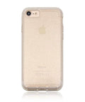 Transparent protective case on iPhone with glitter finish, showcasing back camera and Apple logo on a white background.