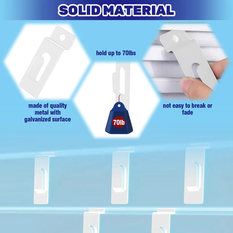 30Pcs Slatwall Notch Hooks showcasing durability, holding up to 70lbs, made of galvanized metal, ideal for photo frames and pegboard hangers