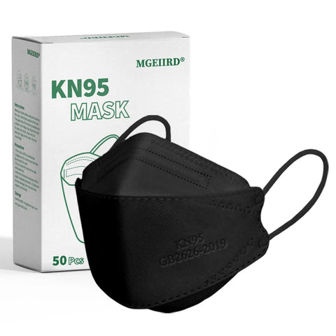 KN95 Face Masks For Adults 50 Pack Individually Wrapped 5 Ply Black Disposable Masks Against PM 2 5 Smoke And Dust With 95 Percent Filtration Efficiency And 3D Shape For Tight Fit And Easier Breathing In Everyday Use displayed next to packaging box