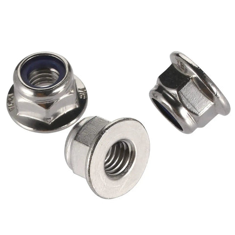 M5 0.8mm flanged nylon insert lock nuts Nylock 304 stainless steel bright finish showing DIN 6926 standard and flange details