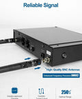 Back view of receiver box with cable connections for Dual Wireless Microphone System With Metal Handheld Mics And Receiver, UHF 520-590 MHz.