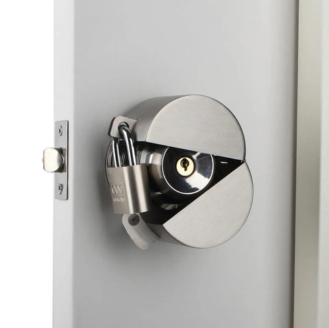 Door Knob Lockout Gadget With Padlock And Stainless Steel Lock Cover For Privacy Protection Preventing Keyhole Access And Knob Turning