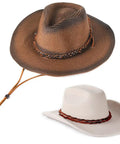 Real Deal 3mm Flat Genuine Leather Braiding String In Dark Espresso Brown Five Yards Long shown with two hats.
